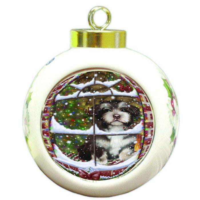 Please Come Home For Christmas Havanese Dog Sitting In Window Round Ball Christmas Ornament RBPOR48409