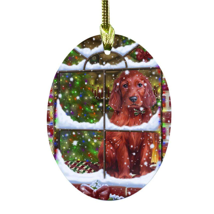 Please Come Home For Christmas Irish Red Setter Dog Sitting In Window Oval Glass Christmas Ornament OGOR49177