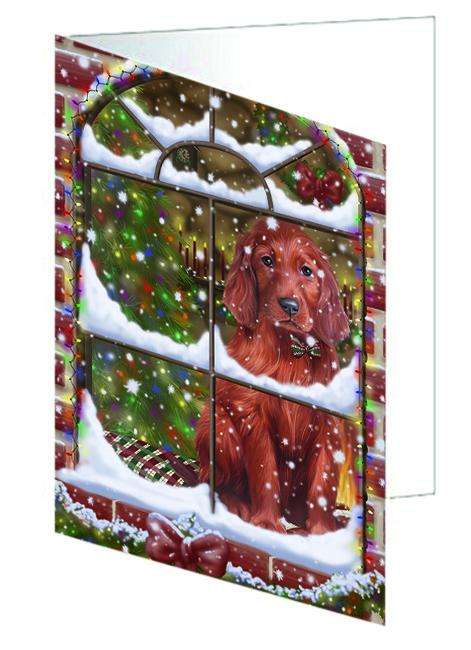 Please Come Home For Christmas Irish Setter Dog Sitting In Window Handmade Artwork Assorted Pets Greeting Cards and Note Cards with Envelopes for All Occasions and Holiday Seasons GCD64934