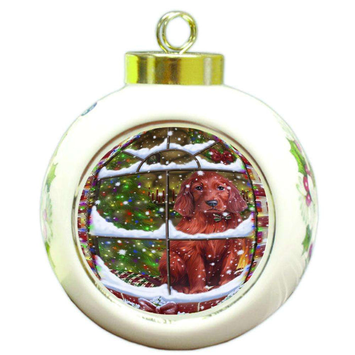 Please Come Home For Christmas Irish Setter Dog Sitting In Window Round Ball Christmas Ornament RBPOR53635