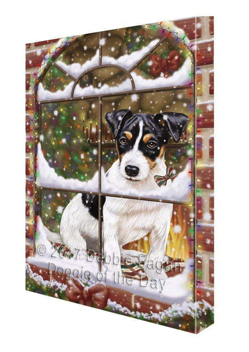 Please Come Home For Christmas Jack Russell Dog Sitting In Window Canvas Wall Art