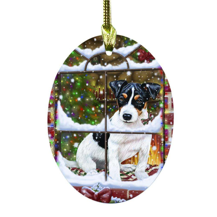 Please Come Home For Christmas Jack Russell Dog Sitting In Window Oval Glass Christmas Ornament OGOR49178