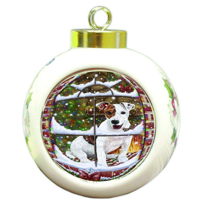 Please Come Home For Christmas Jack Russell Dog Sitting In Window Round Ball Christmas Ornament RBPOR48410