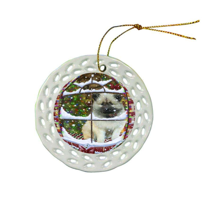 Please Come Home For Christmas Keeshond Dog Sitting In Window Ceramic Doily Ornament DPOR53636