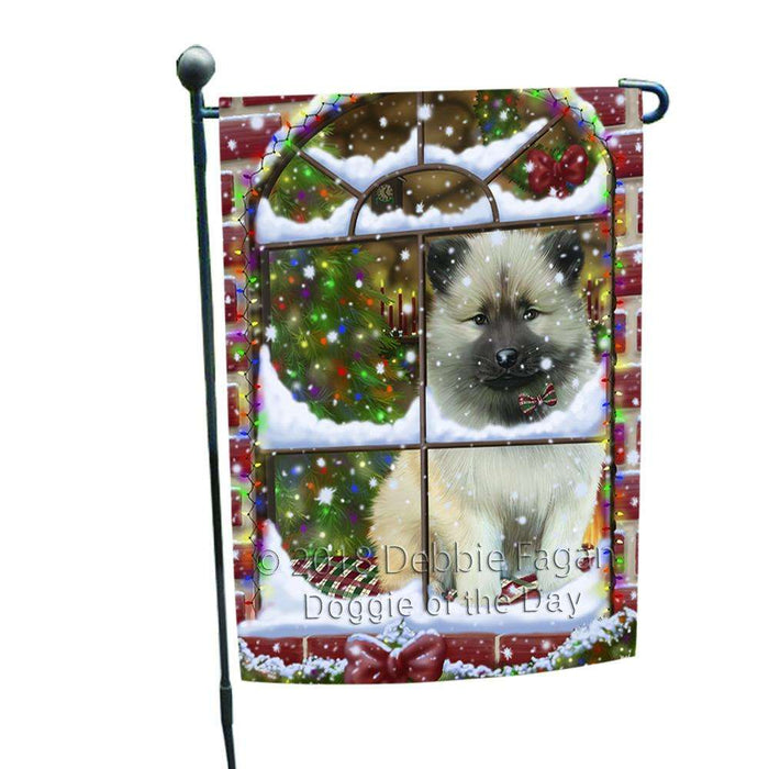 Please Come Home For Christmas Keeshond Dog Sitting In Window Garden Flag GFLG53698