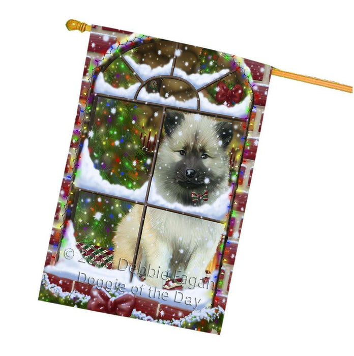 Please Come Home For Christmas Keeshond Dog Sitting In Window House Flag FLG53834