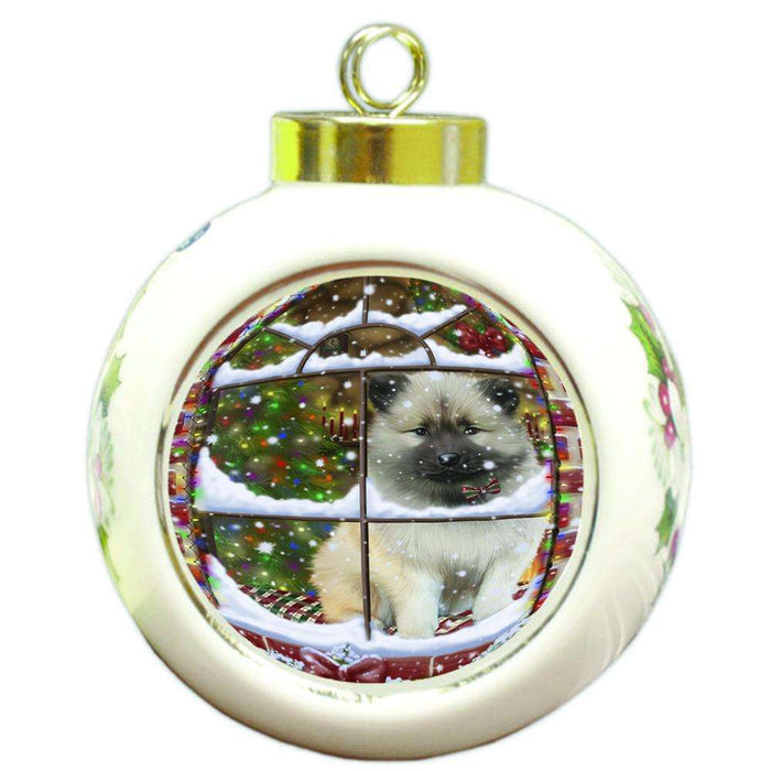 Please Come Home For Christmas Keeshond Dog Sitting In Window Round Ball Christmas Ornament RBPOR53636