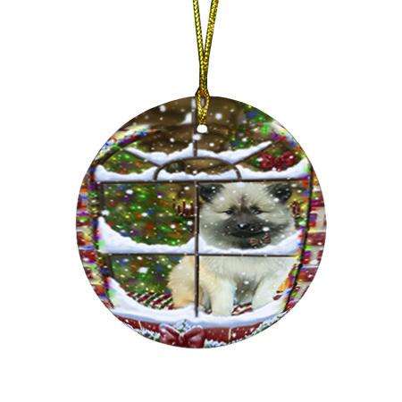Please Come Home For Christmas Keeshond Dog Sitting In Window Round Flat Christmas Ornament RFPOR53627