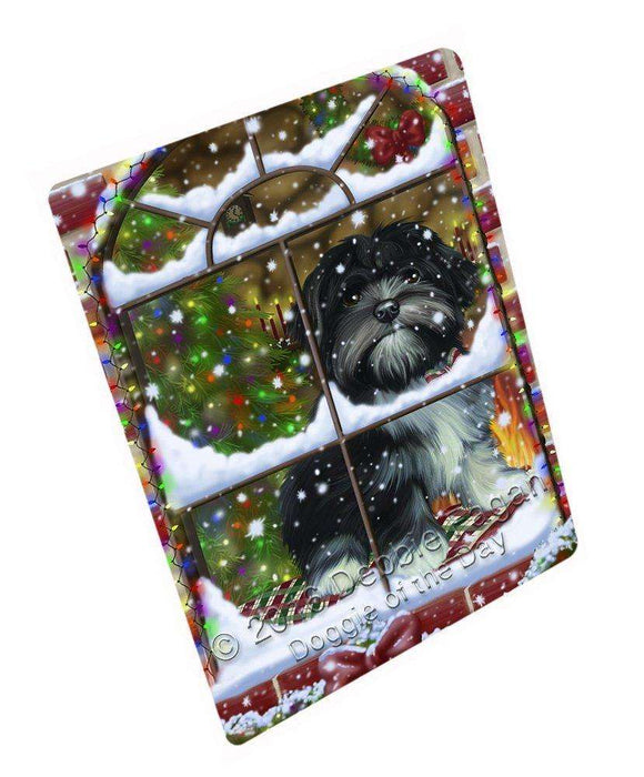Please Come Home For Christmas Lhasa Apso Dog Sitting In Window Art Portrait Print Woven Throw Sherpa Plush Fleece Blanket