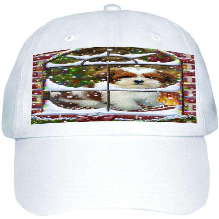 Please Come Home For Christmas Lhasa Apso Dog Sitting In Window Ball Hat Cap HAT48972