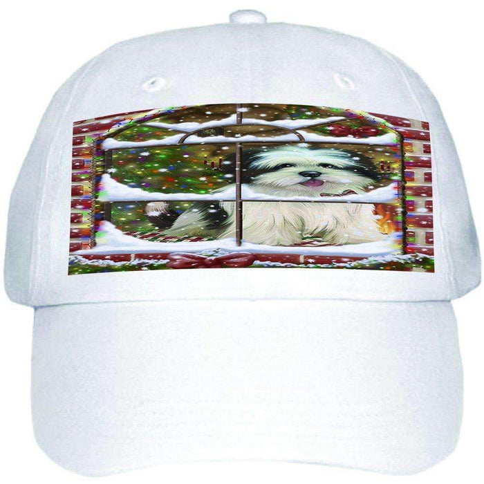 Please Come Home For Christmas Lhasa Apso Dog Sitting In Window Ball Hat Cap HAT48978
