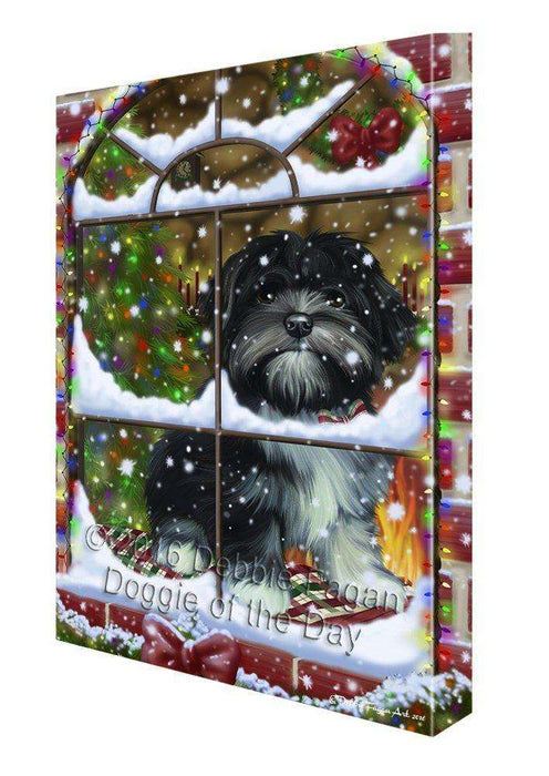 Please Come Home For Christmas Lhasa Apso Dog Sitting In Window Canvas Wall Art
