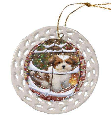 Please Come Home For Christmas Lhasa Apso Dog Sitting In Window Ceramic Doily Ornament DPOR48578