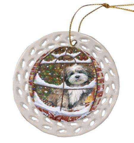 Please Come Home For Christmas Lhasa Apso Dog Sitting In Window Ceramic Doily Ornament DPOR48579