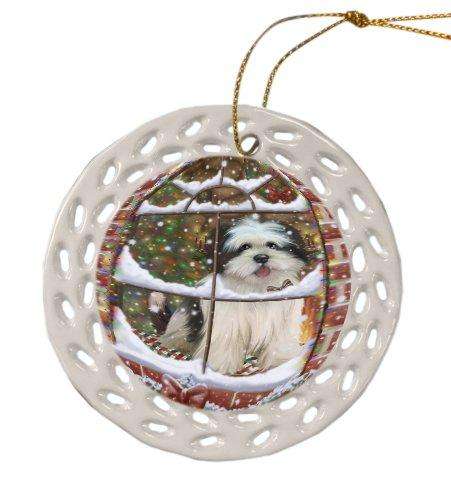 Please Come Home For Christmas Lhasa Apso Dog Sitting In Window Ceramic Doily Ornament DPOR48580