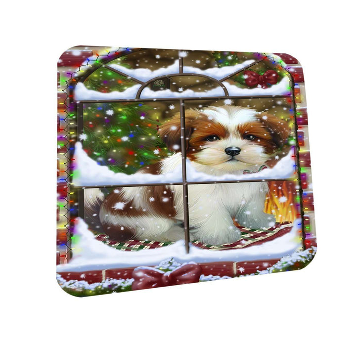 Please Come Home For Christmas Lhasa Apso Dog Sitting In Window Coasters Set of 4 CST48372