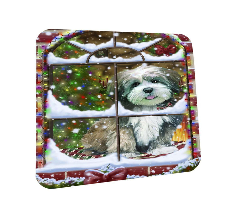 Please Come Home For Christmas Lhasa Apso Dog Sitting In Window Coasters Set of 4 CST48373