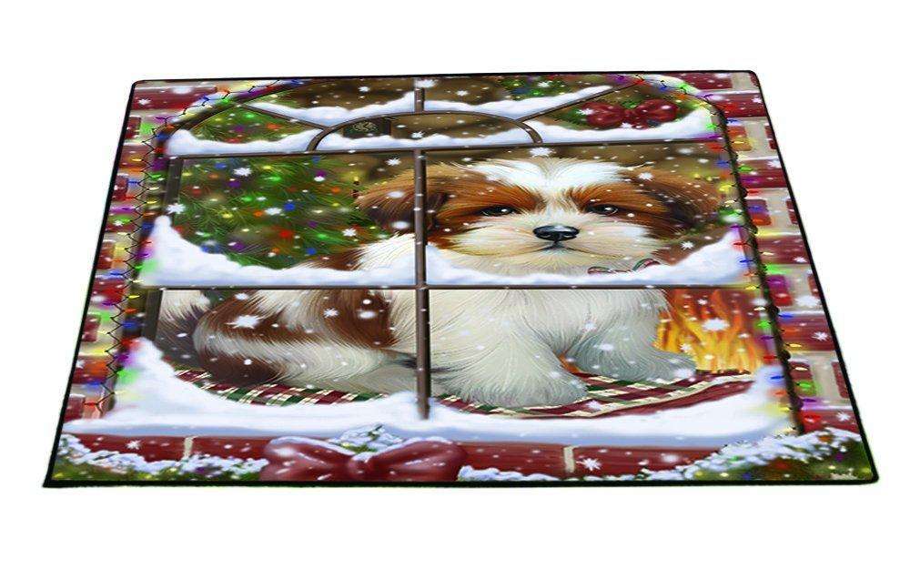 Please Come Home For Christmas Lhasa Apso Dog Sitting In Window Floormat FLMS48888