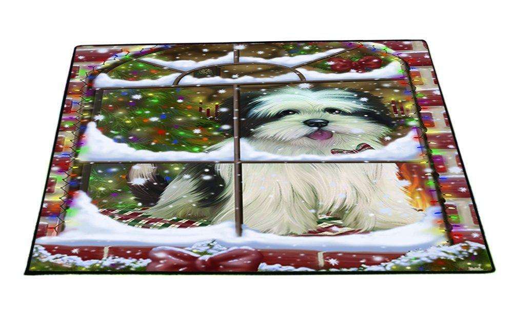 Please Come Home For Christmas Lhasa Apso Dog Sitting In Window Floormat FLMS48894