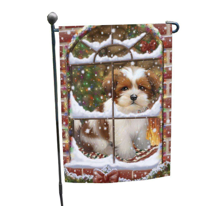 Please Come Home For Christmas Lhasa Apso Dog Sitting In Window Garden Flag GFLG48371
