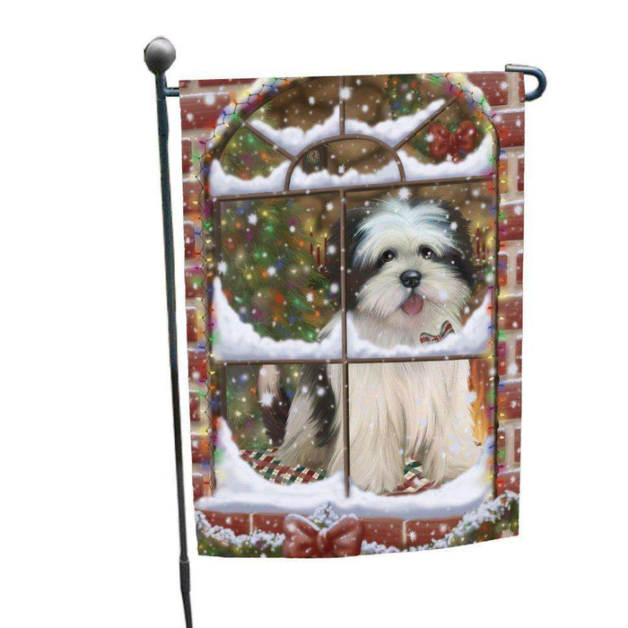 Please Come Home For Christmas Lhasa Apso Dog Sitting In Window Garden Flag GFLG48373