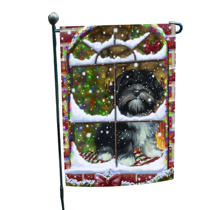 Please Come Home For Christmas Lhasa Apso Dog Sitting In Window Garden Flag