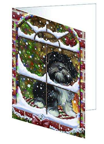 Please Come Home For Christmas Lhasa Apso Dog Sitting In Window Handmade Artwork Assorted Pets Greeting Cards and Note Cards with Envelopes for All Occasions and Holiday Seasons
