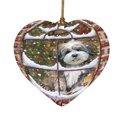 Please Come Home For Christmas Lhasa Apso Dog Sitting In Window Heart Christmas Ornament HPOR48414