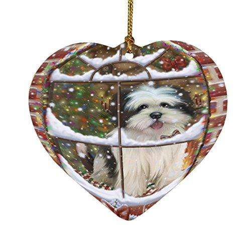 Please Come Home For Christmas Lhasa Apso Dog Sitting In Window Heart Christmas Ornament HPOR48415
