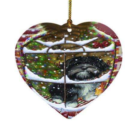 Please Come Home For Christmas Lhasa Apso Dog Sitting In Window Heart Ornament D344