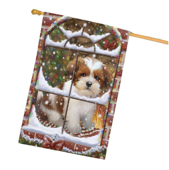 Please Come Home For Christmas Lhasa Apso Dog Sitting In Window House Flag FLG48426