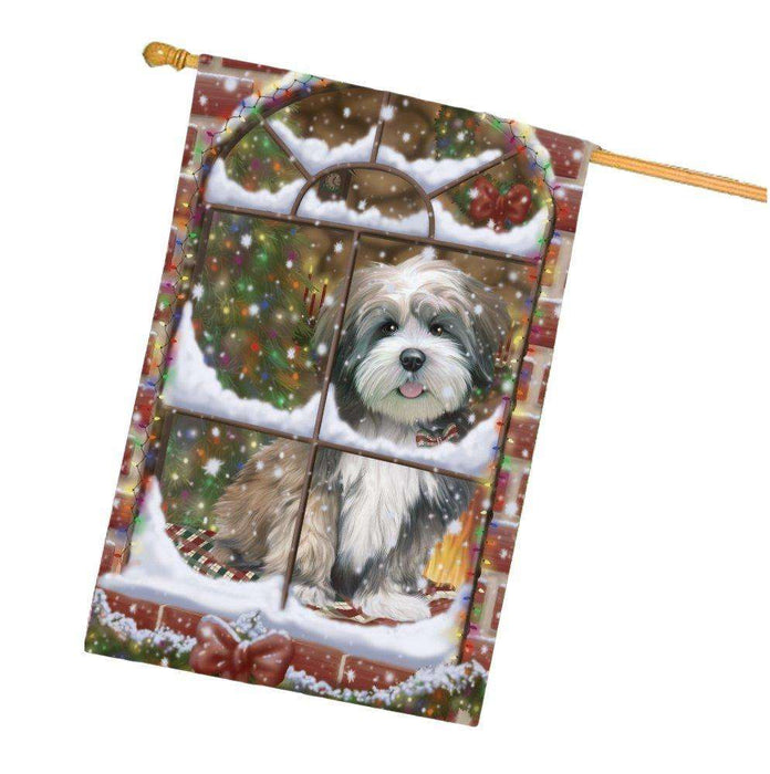 Please Come Home For Christmas Lhasa Apso Dog Sitting In Window House Flag FLG48427