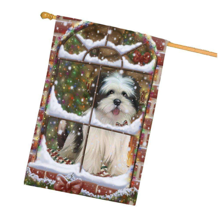 Please Come Home For Christmas Lhasa Apso Dog Sitting In Window House Flag FLG48428