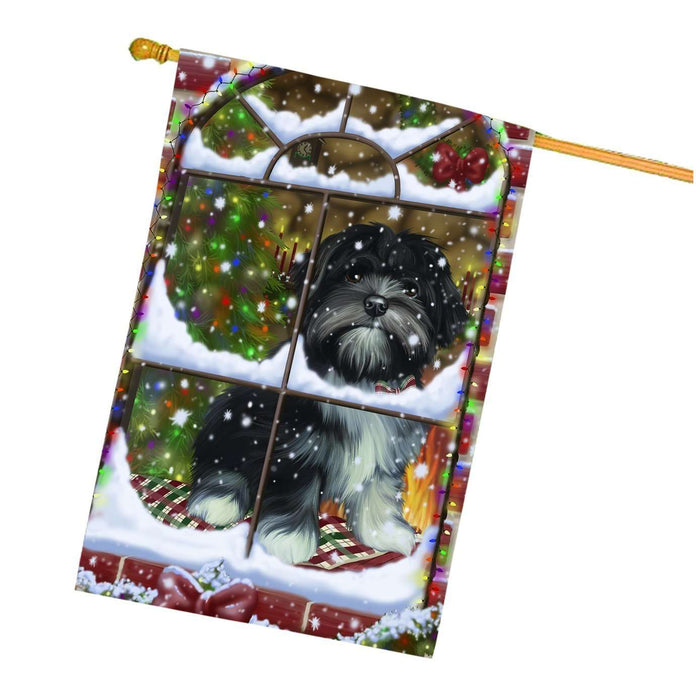 Please Come Home For Christmas Lhasa Apso Dog Sitting In Window House Flag
