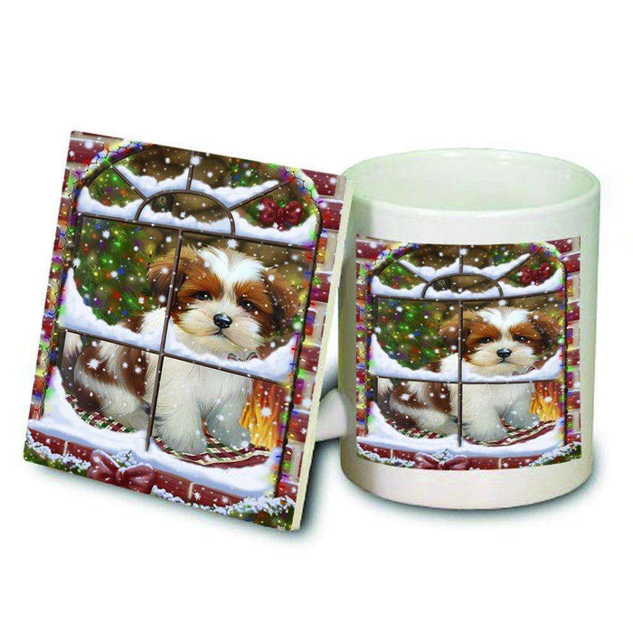 Please Come Home For Christmas Lhasa Apso Dog Sitting In Window Mug and Coaster Set MUC48405