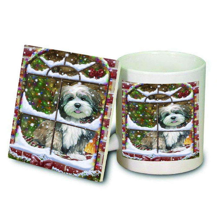 Please Come Home For Christmas Lhasa Apso Dog Sitting In Window Mug and Coaster Set MUC48406