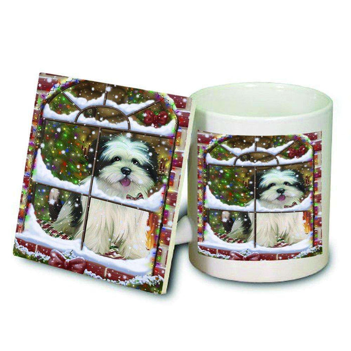 Please Come Home For Christmas Lhasa Apso Dog Sitting In Window Mug and Coaster Set MUC48407