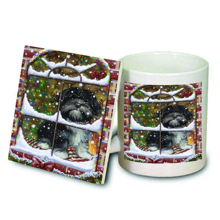 Please Come Home For Christmas Lhasa Apso Dog Sitting In Window Mug and Coaster Set