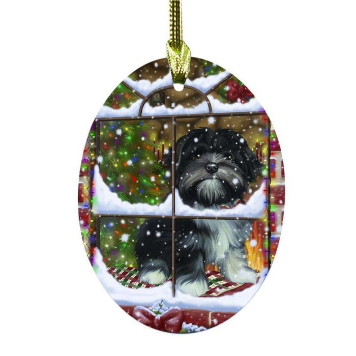 Please Come Home For Christmas Lhasa Apso Dog Sitting In Window Oval Glass Christmas Ornament OGOR49181