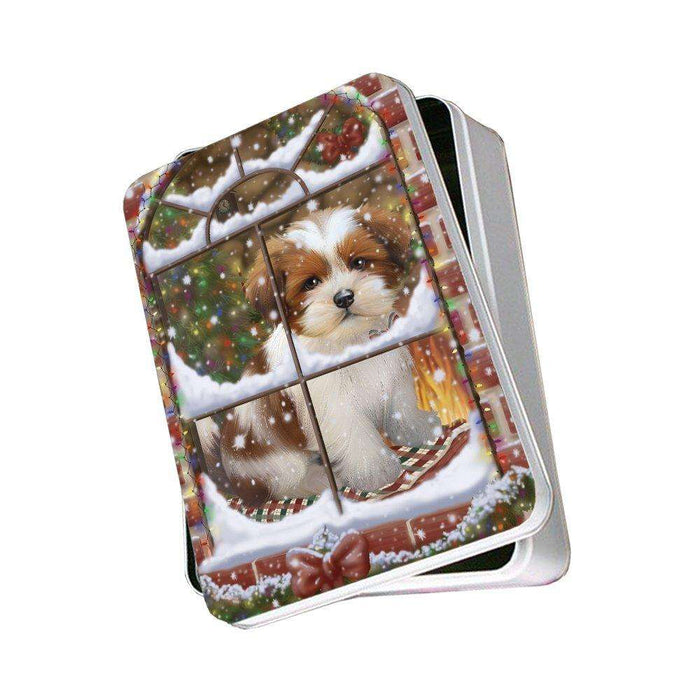 Please Come Home For Christmas Lhasa Apso Dog Sitting In Window Photo Storage Tin PITN48413