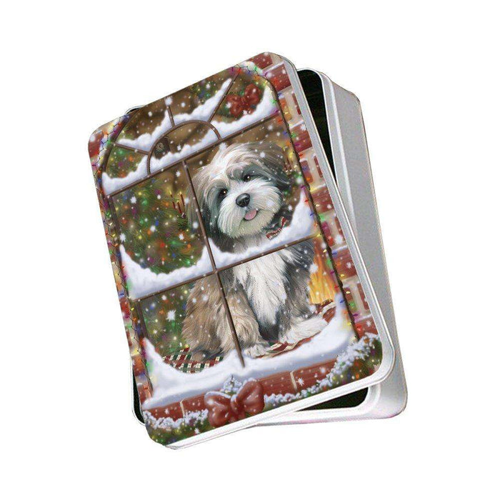 Please Come Home For Christmas Lhasa Apso Dog Sitting In Window Photo Storage Tin PITN48414