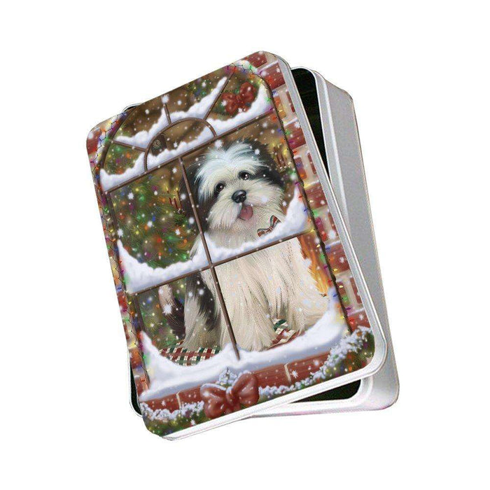 Please Come Home For Christmas Lhasa Apso Dog Sitting In Window Photo Storage Tin PITN48415