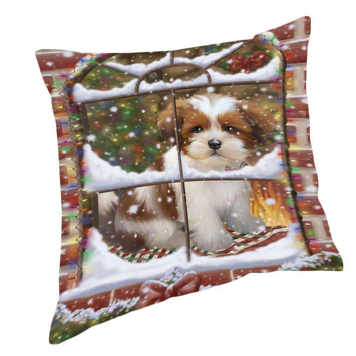 Please Come Home For Christmas Lhasa Apso Dog Sitting In Window Pillow PIL49704 (14x14)