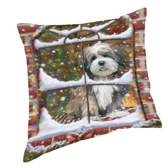Please Come Home For Christmas Lhasa Apso Dog Sitting In Window Pillow PIL49708