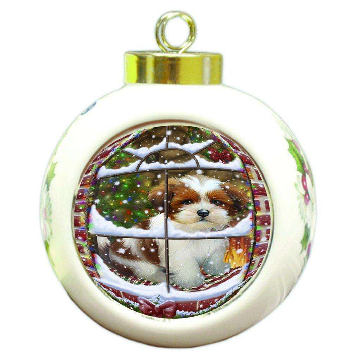 Please Come Home For Christmas Lhasa Apso Dog Sitting In Window Round Ball Christmas Ornament RBPOR48413