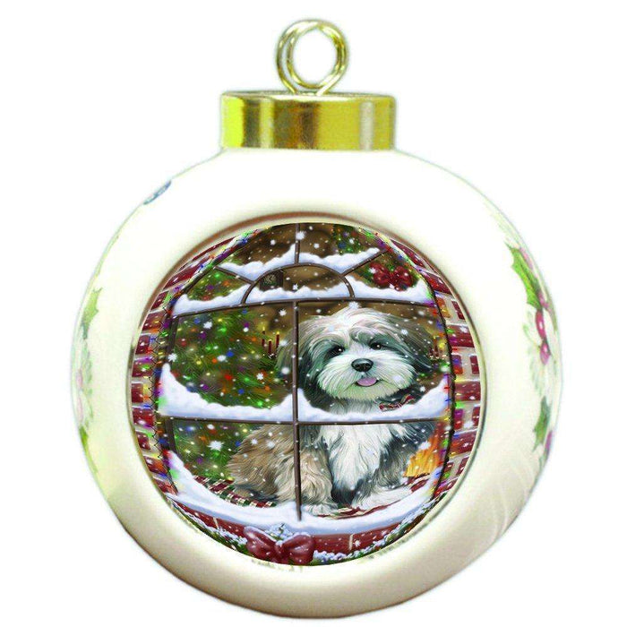 Please Come Home For Christmas Lhasa Apso Dog Sitting In Window Round Ball Christmas Ornament RBPOR48414