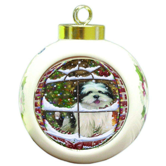 Please Come Home For Christmas Lhasa Apso Dog Sitting In Window Round Ball Christmas Ornament RBPOR48415