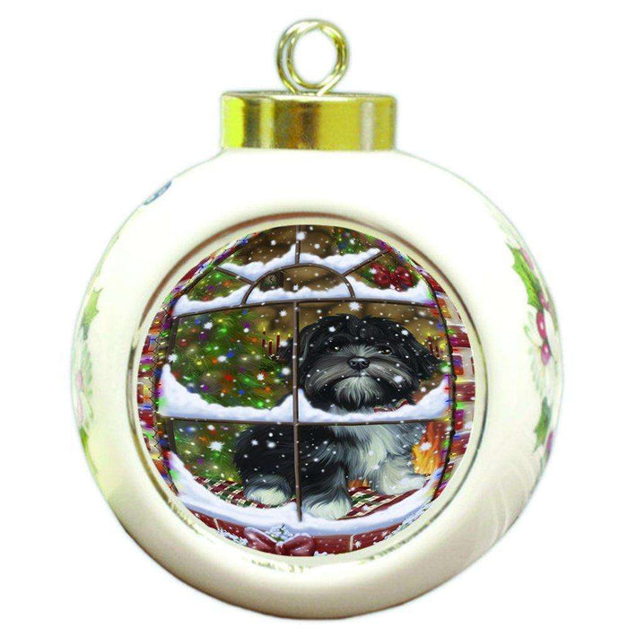 Please Come Home For Christmas Lhasa Apso Dog Sitting In Window Round Ball Ornament D372