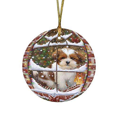 Please Come Home For Christmas Lhasa Apso Dog Sitting In Window Round Christmas Ornament RFPOR48404