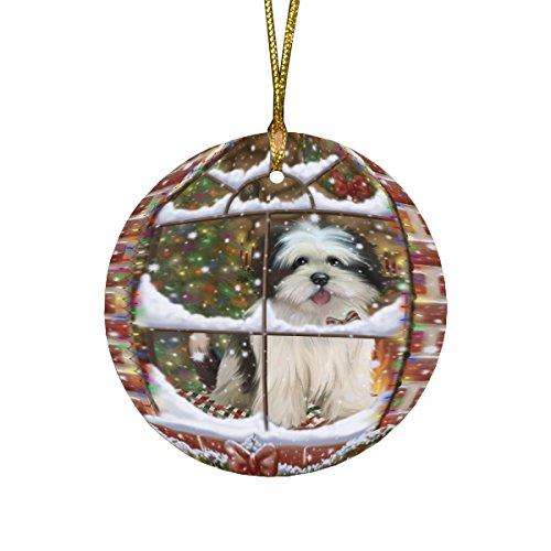 Please Come Home For Christmas Lhasa Apso Dog Sitting In Window Round Christmas Ornament RFPOR48406